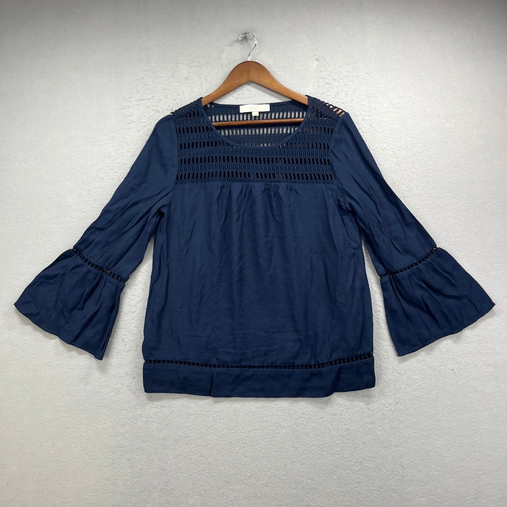 LOFT Bell Sleeve Blouse Womens M Navy Blue Crochet Yoke Festival Boho Peasant